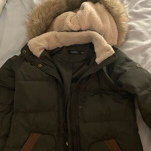Ralph Lauren Dark Green Puffer Coat with Faux Fur Hood